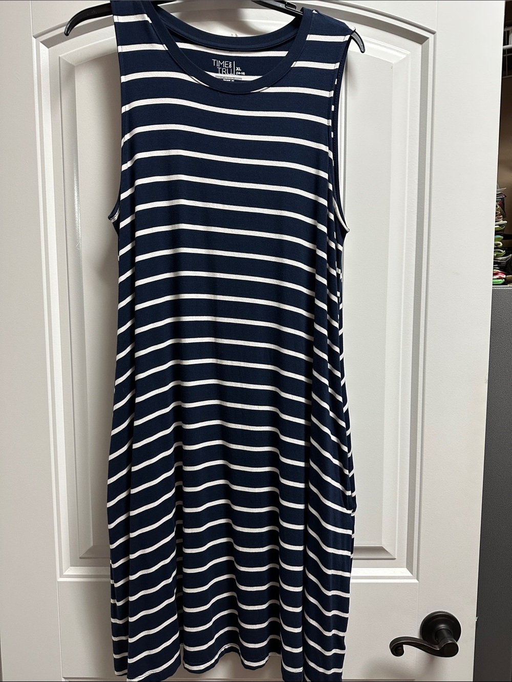Time and Tru Navy & White Striped Sleeveless Midi Dress